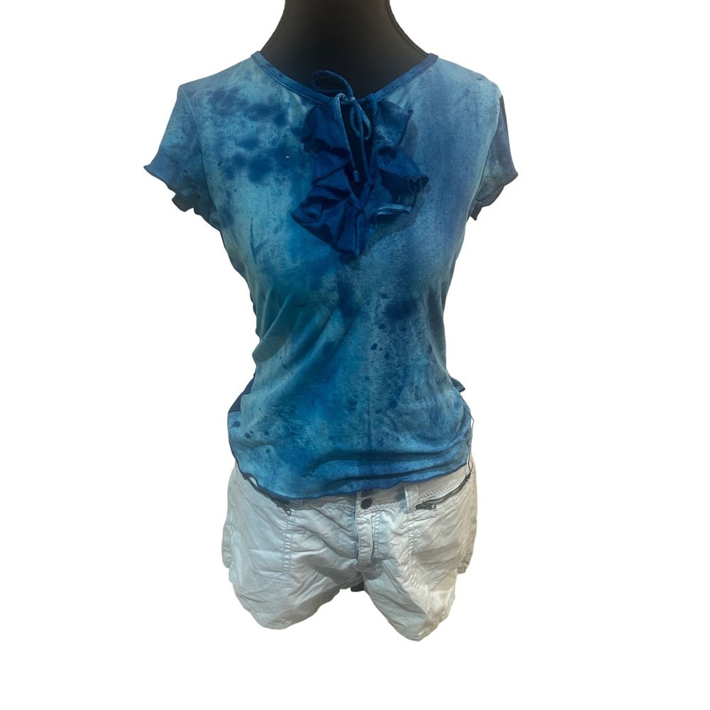 Vintage Weavers Girl Blue Tie Dye Ruffle Neck Cap Sleeve Nylon Top Medium